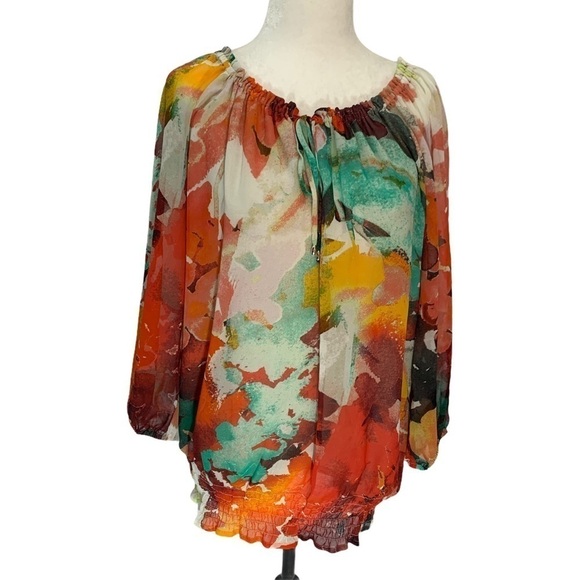 CALVIN Klein Multi Colour Round Neck Peasant Top Blouse Size XS - Picture 1 of 10